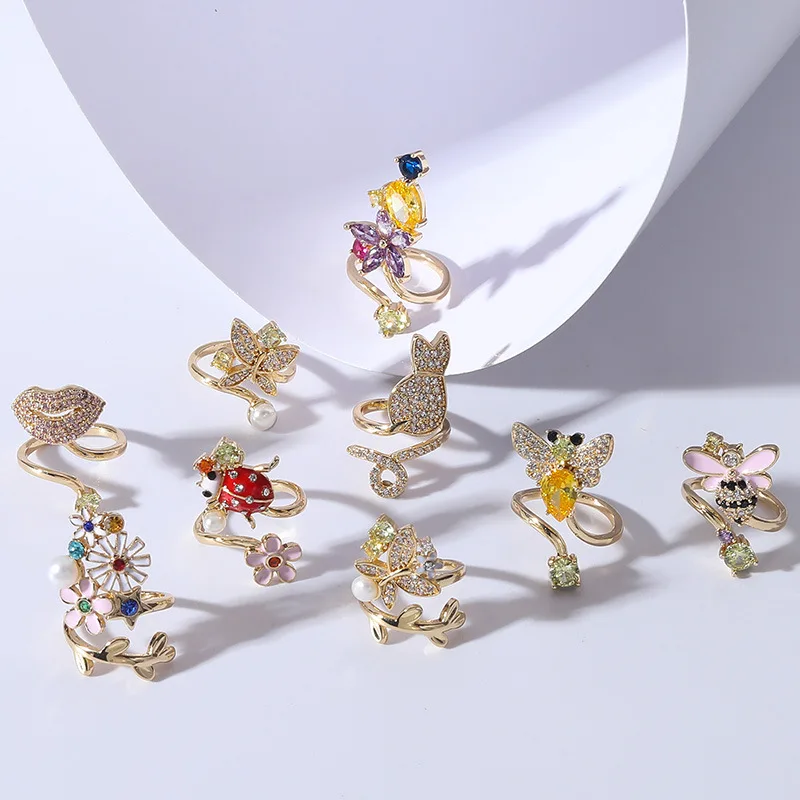 

Luxury Fashion Nail Ring finger Flower Butterfly Cat Insect Zircon Ins Fingertip Exquisite Opening Adjustable Glitter Nail Tips