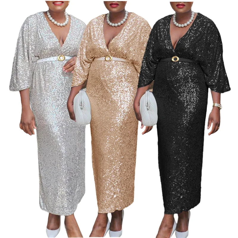 D540 Latest Design Luxury Evening Gown Dress Elegant V-Neck Slim Sequin Party Dresses Women Mermaid Formal Dresses With Belt