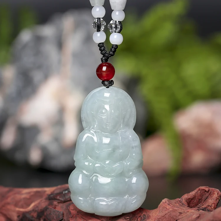 

High Quality Green Jade Sculpture Buddha Jade Pendant Guan Yin Necklace Amulet 43*26*7MM