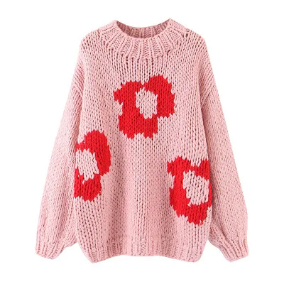 

wholesale factory Knitted jacquard flower pattern long sleeved pullover chunky handmade knit sweater women