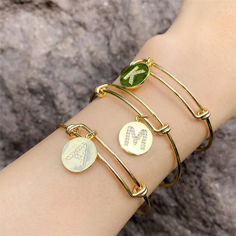 

European Hot Sale Letter Initial Charm Bracelet 26 Copper Crystal Cz Alphabet Wire Bangle Bracelet, Picture