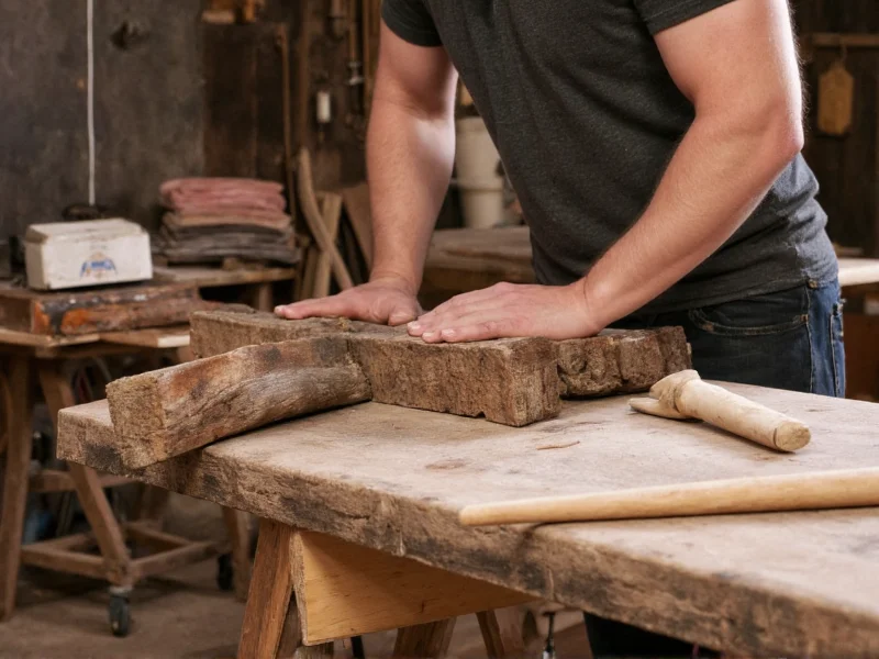 Woodworker shaping reclaimed timber into furniture