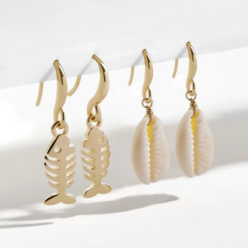 

JUHU New Popular golden hollowed-out fishbone natural shell drop earrings alloy hook earrings set more than one card for women, Gold