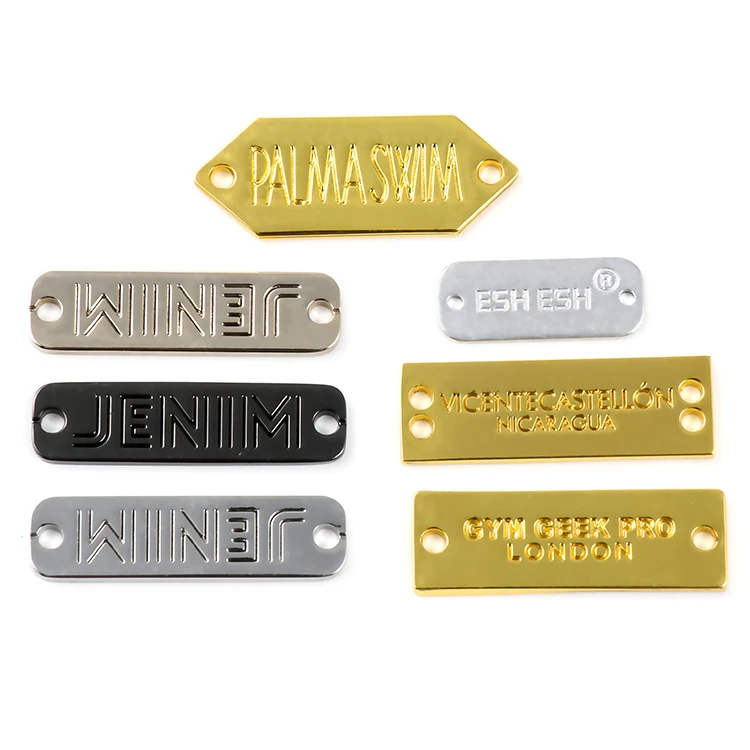 

customize swimwear metal label with engraving logo rectangle swimwear tag high quality zinc alloy two holes metal label, Gold/silver/rose gold/custom