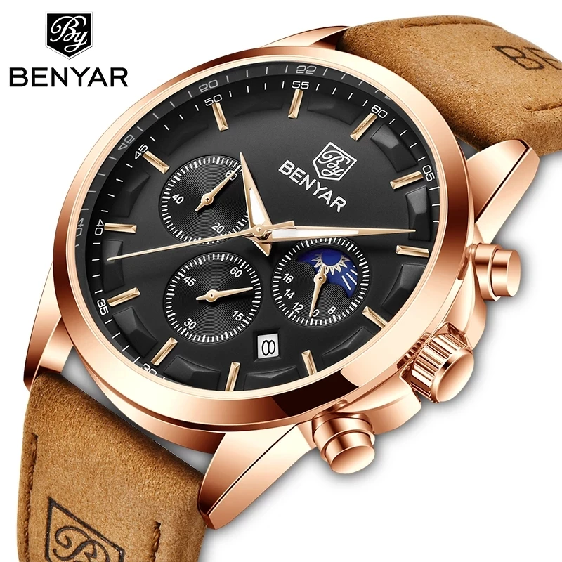 

Benyar 5160 Watches Men Luxury Quartz Men Watch Rose Gold Case Fashion Male Clock Chronograph Waterproof Sport Leather Bracelet, 5 colors