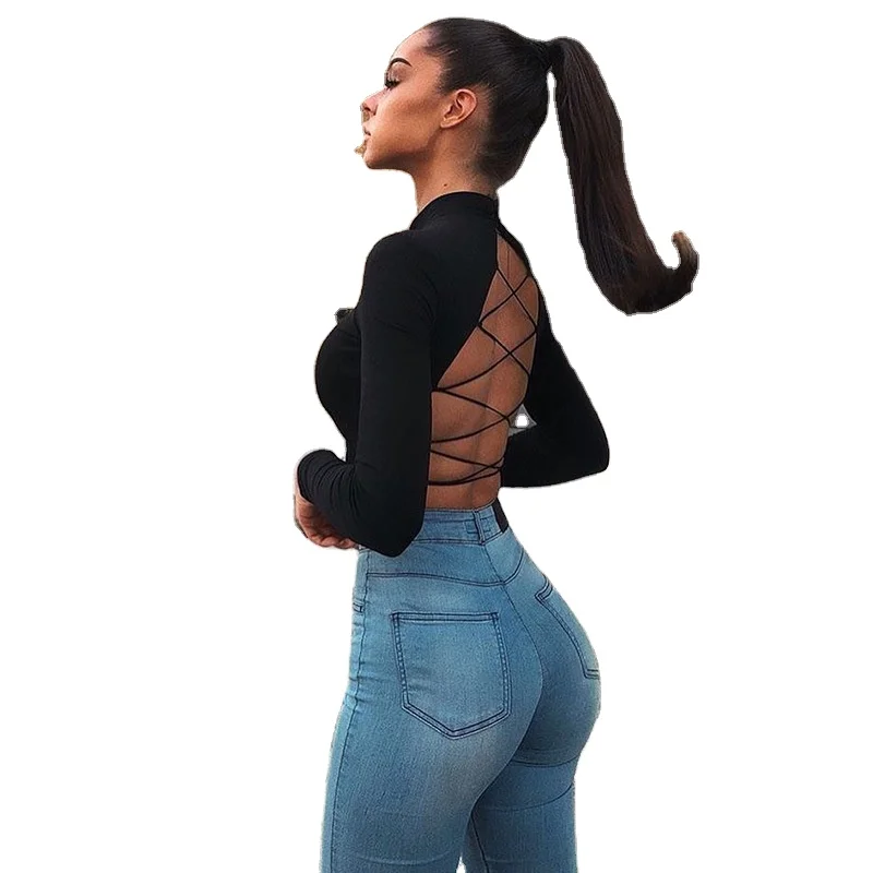 

2021 Wholesale Custom Ladies Black Backless Crop Tops Bodycon Sexy Women's T-Shirts