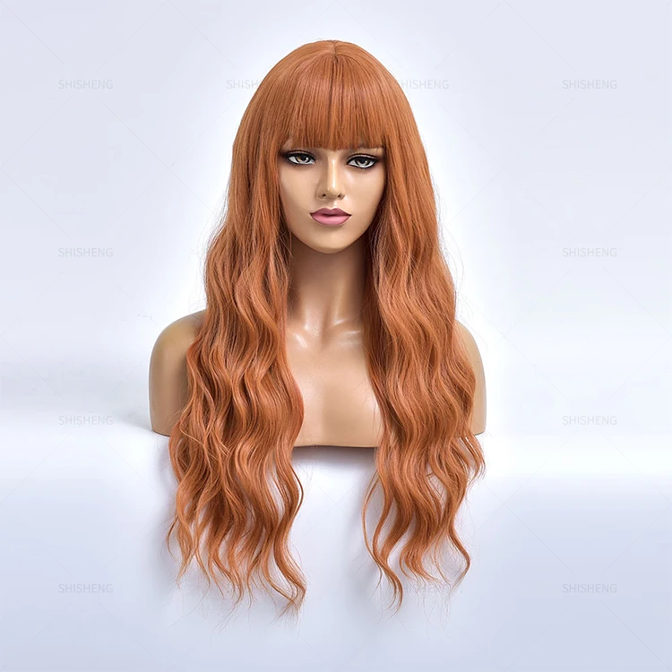 

SHI SHENG Long Wavy Brown Red Orange Wigs with Bangs Cosplay Party Heat Resistant Synthetic Hair Wigs for Black Women Afro, Brown red orang