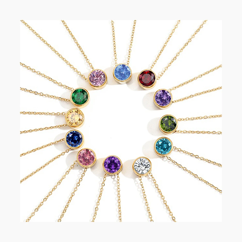 

12 Color Months Charm Crystal Birthstone Round Diamond Necklace Gifts For Unisex, Silver/gold/rose gold