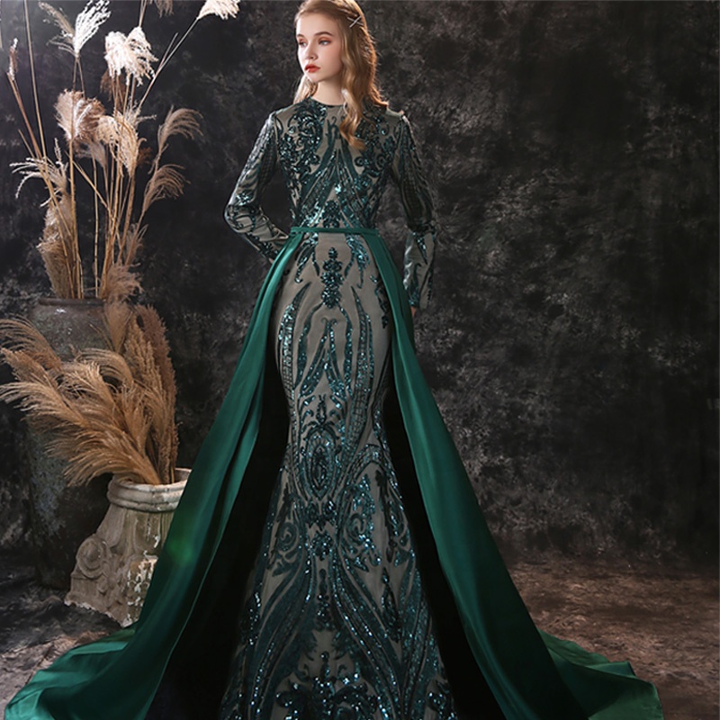 

2020 green evening dress sequin sheer layer mermaid evening dress