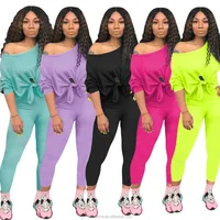 

MT40-9111 2 Piece Clothing Set Women pocket top Pants long sleeves off shoulder ladies Sexy Leisure Two Piece Tracksuit