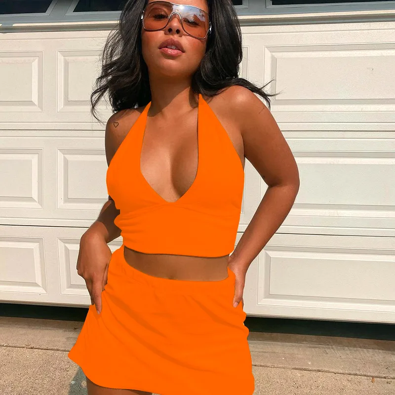 

Deep V Neck Crop Tops With Mini Skirt Sets Clubwear Dancer Girl 2 Piece Sets Outfits Backless Solid Color Clothes