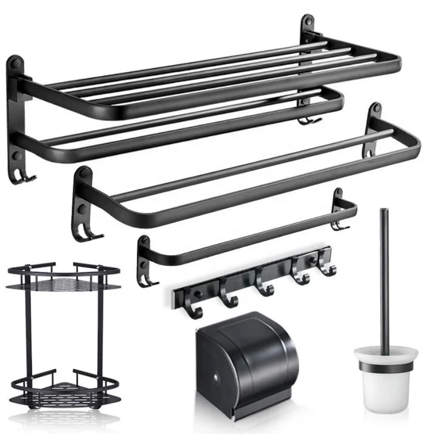 

Hot sale hotel home aluminium wall mounted black nordic bathroom accessories set