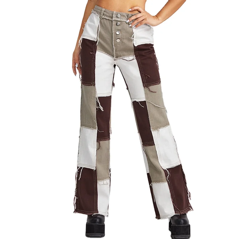 

Button Up Stylish Patchwork High Waist Stitch Straight Denim Pants Street Style Jeans Hip Hop Sexy Pants for Women