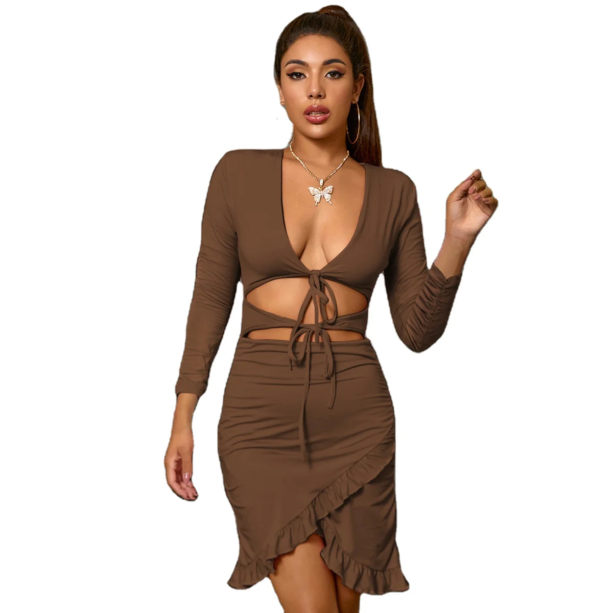 

Falbala Sexy Casual Dress Deep V Neck Dress Long Sleeve Hollow Out Dress, Orange, black, brown