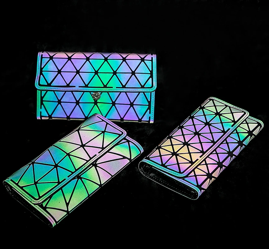 

MS3142 Women wallets luminous geometric long 3 fold wallet purse holographic reflective money clip credit card clutch, Per picture