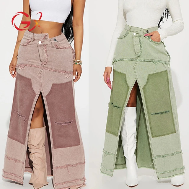 

GX6614 New Arrival Fashion Cargo Slit Long Skirt Lady Clothing Boutique Denim Color Patchwork Unique Women's Maxi Skirts