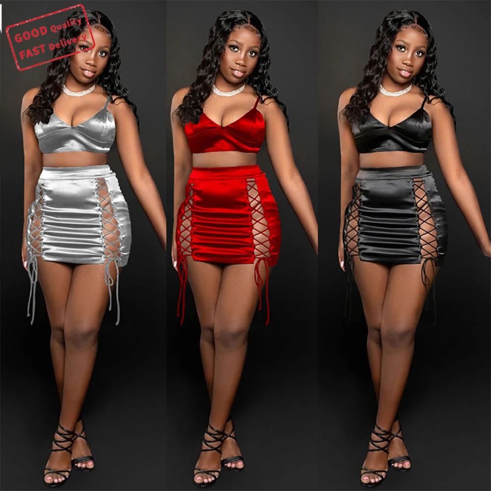 

GQ2623 hot sale sets womens clothing summer two piece sling crop top bandage two piece sexy skirt set sexy cllub two piece set, Picture