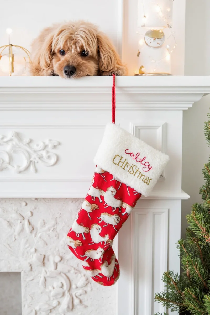 A family dog resting next to a Christmas tree adorned with multiple personalized stockings including one labeled 'Rover'