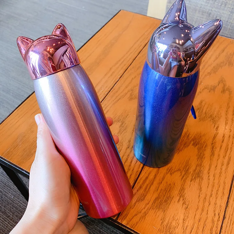 

HDT 300ml cat fox mug portable gift student couple stainless steel cup termos thermo water bottle color changing tumbler, Natural steel or customize