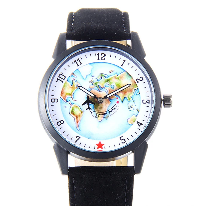 

Aircraft Dial Student Sport Wrist Watch Casual Map Quartz Watches Leather Band Analog Watch