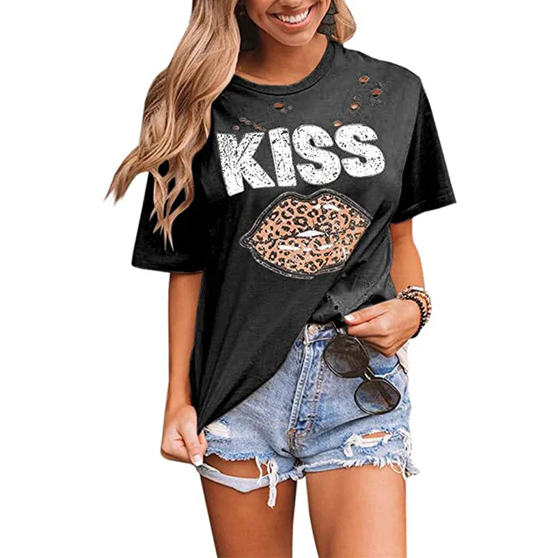 

Loose Solid Color Leopard Lip Print Women T shirt Fashion Round Neck Short Sleeve Tops