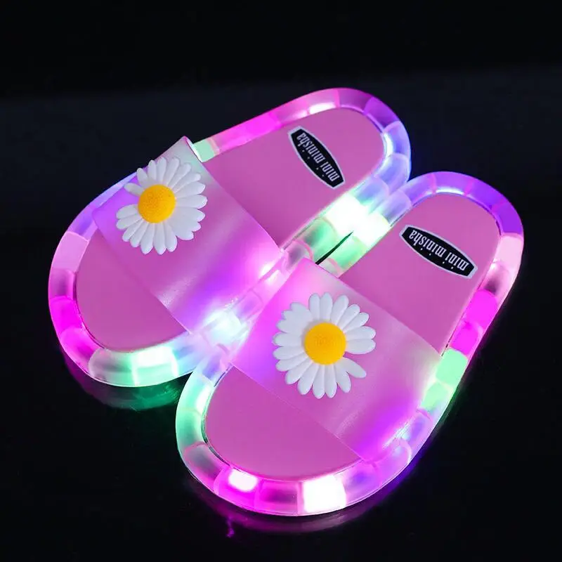 

children kids light up slippers LED Flash Light Beach Outdoor Smiling Face unicorn cat Daisy Flower Fashion Light Flip Flop, 4 colour