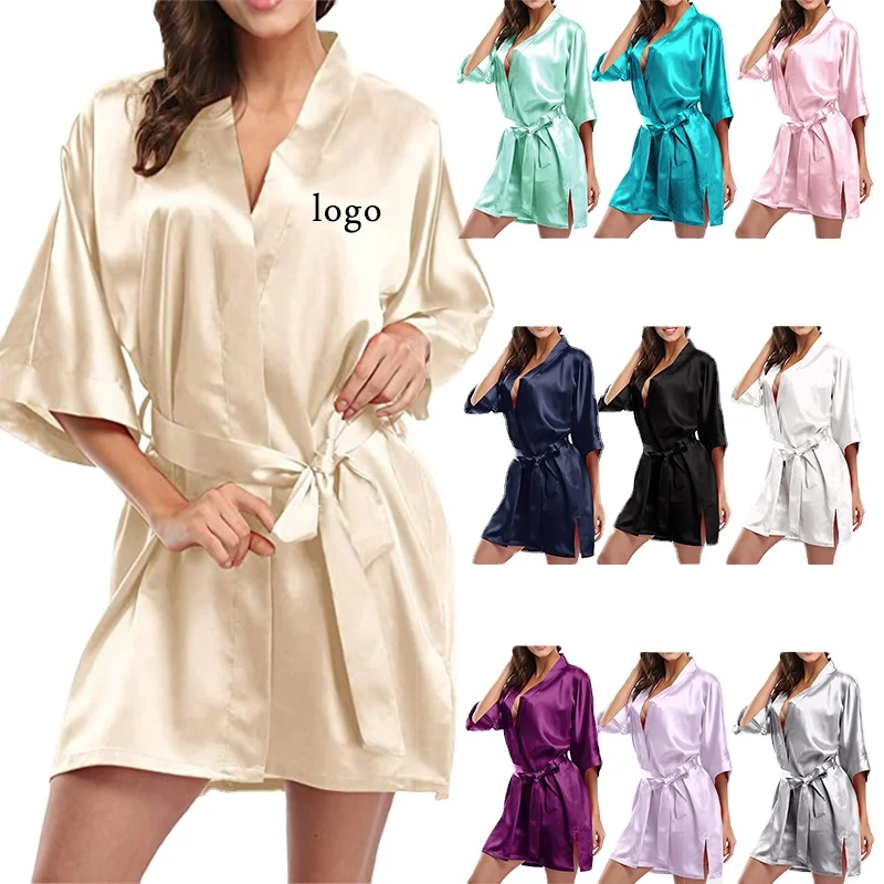 

Women's Satin Silk Bathrobe Oblique V-Neck Short Kimono Robe Bridesmaids Robe S-XXL women's home wear sleepwear Satin Robe, Customized color