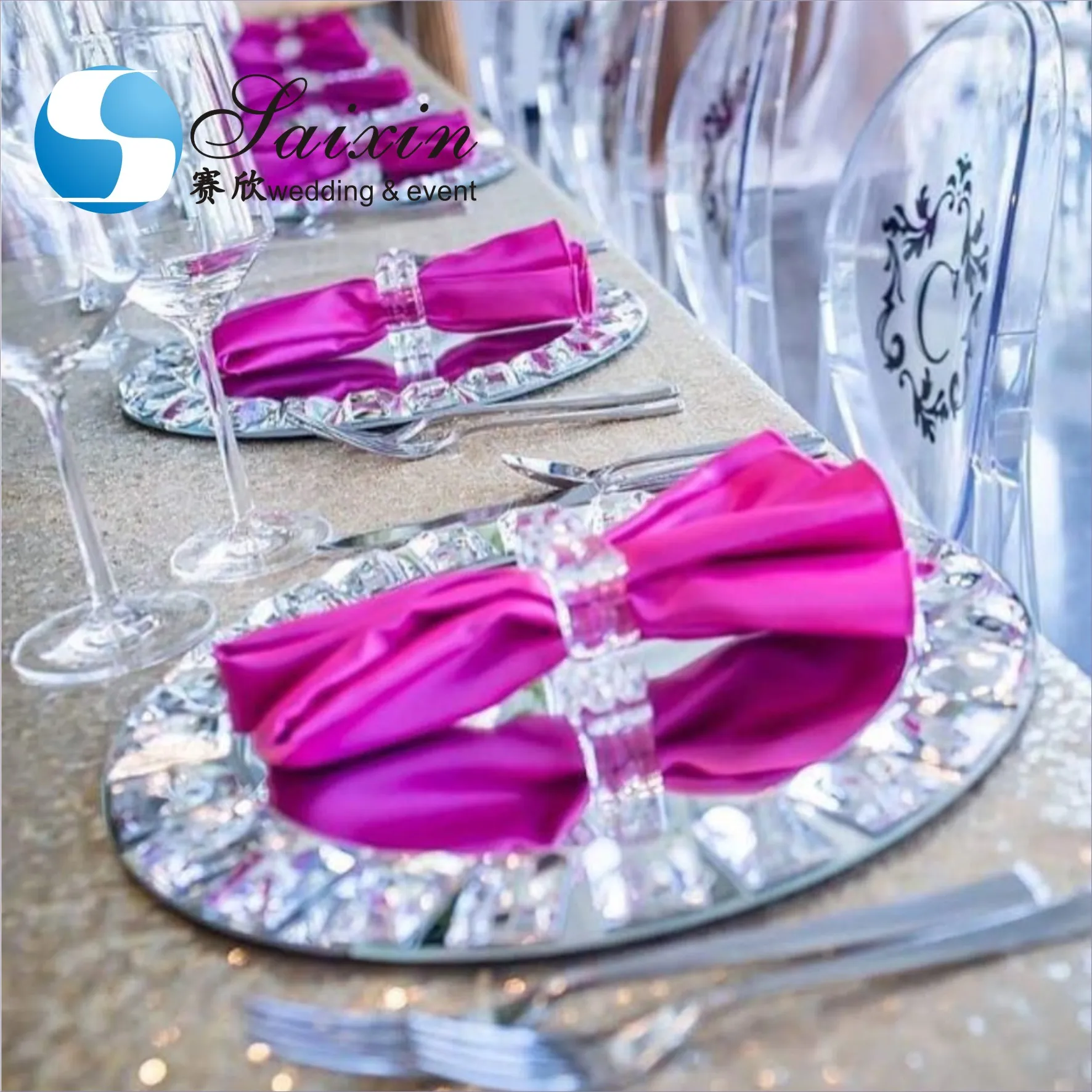 

SXGP-025 Wholesale Crystal diamond wedding glass mirror charger plates, Clear/yellow/purple/green etc