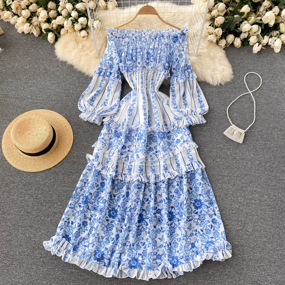 

French One Neck Printed Bubble Sleeve Waisted Big Swing Casual Dresses