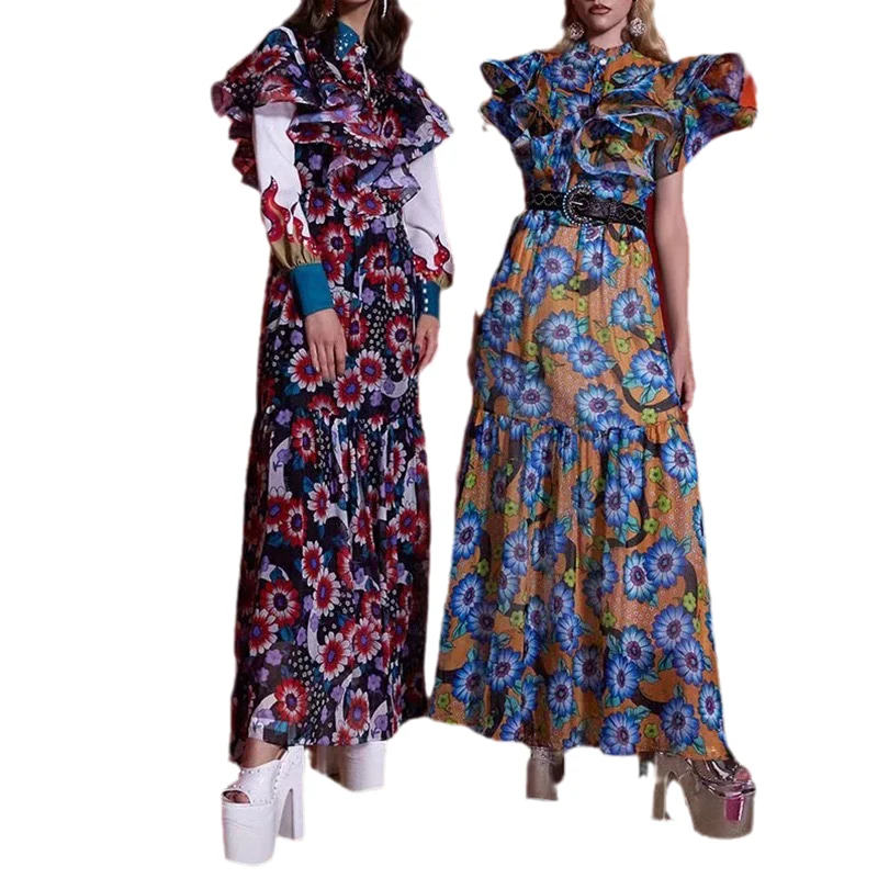 

Summer 2021 Crew Neck Sleeveless Button Down Ruffled Floral Print Mandarin Collar Casual Dresses