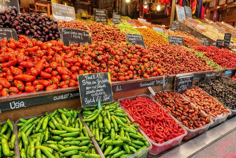 Peruvian market display showing various aji pepper products including fresh peppers, pastes, and dried varieties