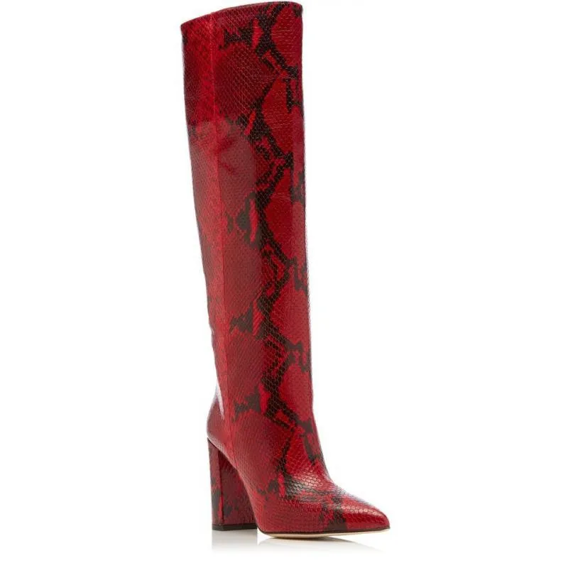 

Plus Size Catwalk Crocodile Pattern Pointed Toe Knee Length Thick High Heeled Boots For Women, Black, blue, silver, rose red, brown, leopard print,snake print
