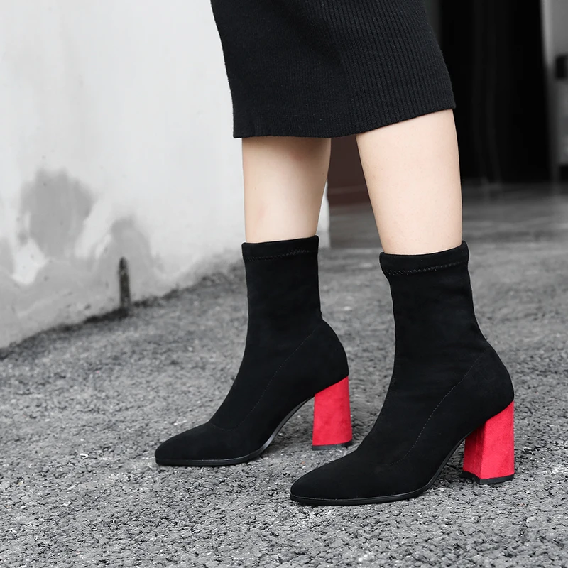 

2020 Women Boots All Match Pointed Toe Platform Slip on Women Mid Calf Boots Size 34-42, Khaki/grey/black
