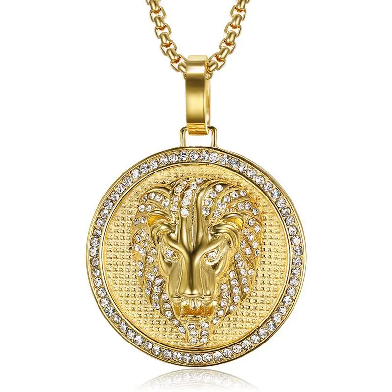 

Custom Wholesale Stainless Steel Gold Crystal Lion Pendant Jewelry Medallion Necklace, 18k gold or silver