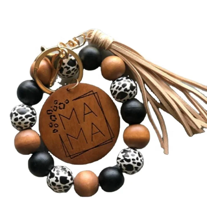 

Free Shipping New Gift Monogram Leopard Wood Beaded Keychains MAMA Bracelet Keychains, 11 colors