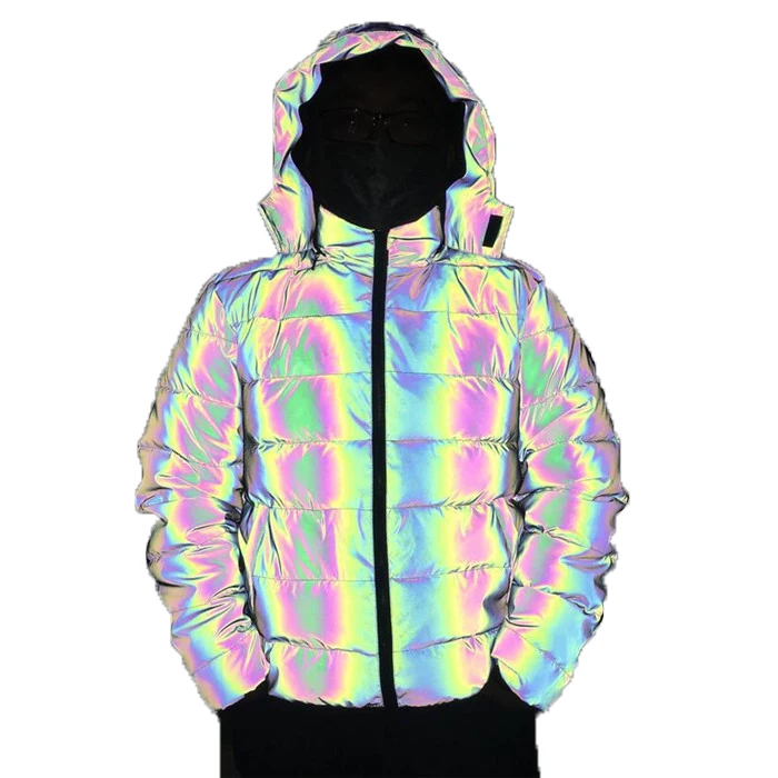 

Custom Mens Jacket Removable Hood Down Parkas Jacket High Street Winter Rainbow Reflective Plus Size Jackets jumper, Customized color