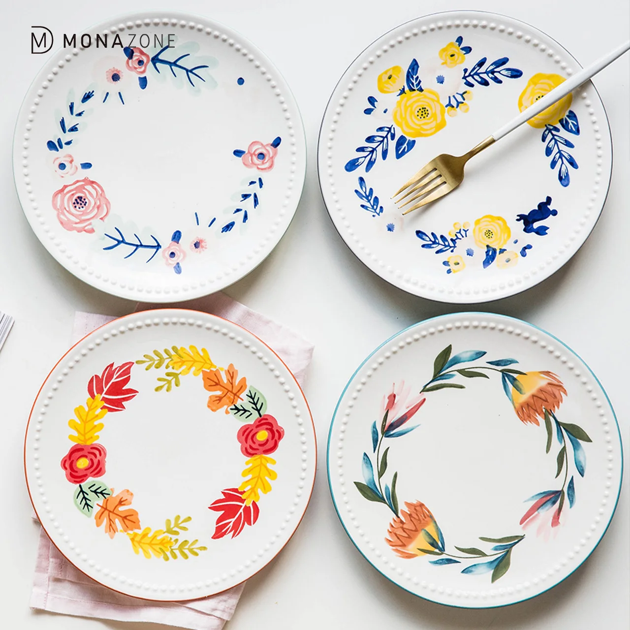 

MONAZONE Four Seasons Japanese Hand-Painted Ceramic Flower Salad Dessert Plate 21.5cm Kitchen Dinner Tableware Plate