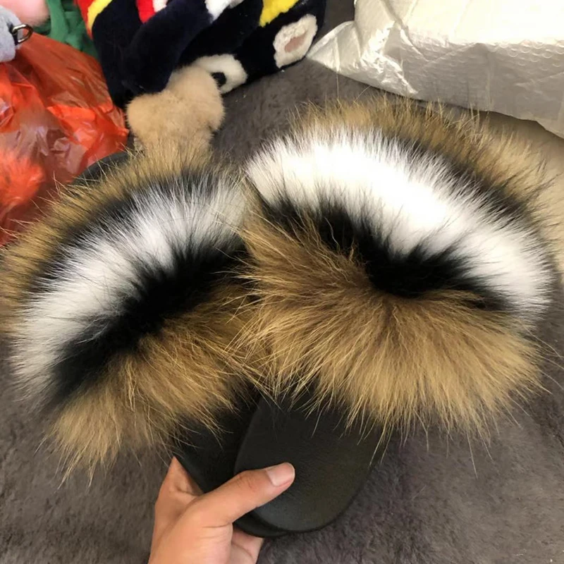 
China manufacture High Quality Furry Women raccoon fur slipper Slippers rainbow sandals fur slides 