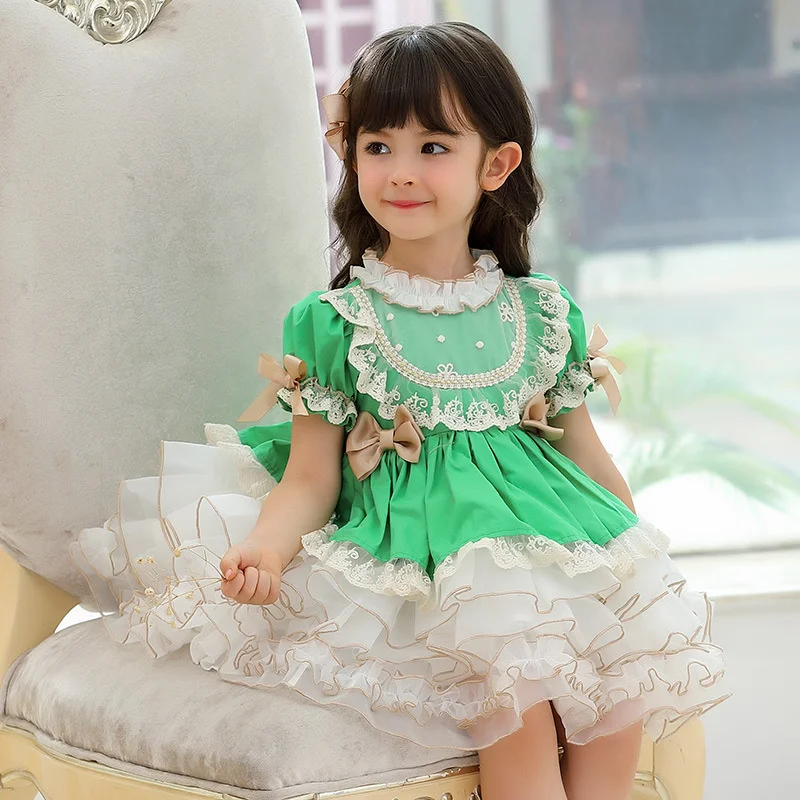 

2021 Children Spanish Lotia Dresses for Girls 1-6Y Eid Holiday Toddler Short Sleeve Spain Lotia Ball Gowns Baby Boutique Clothes