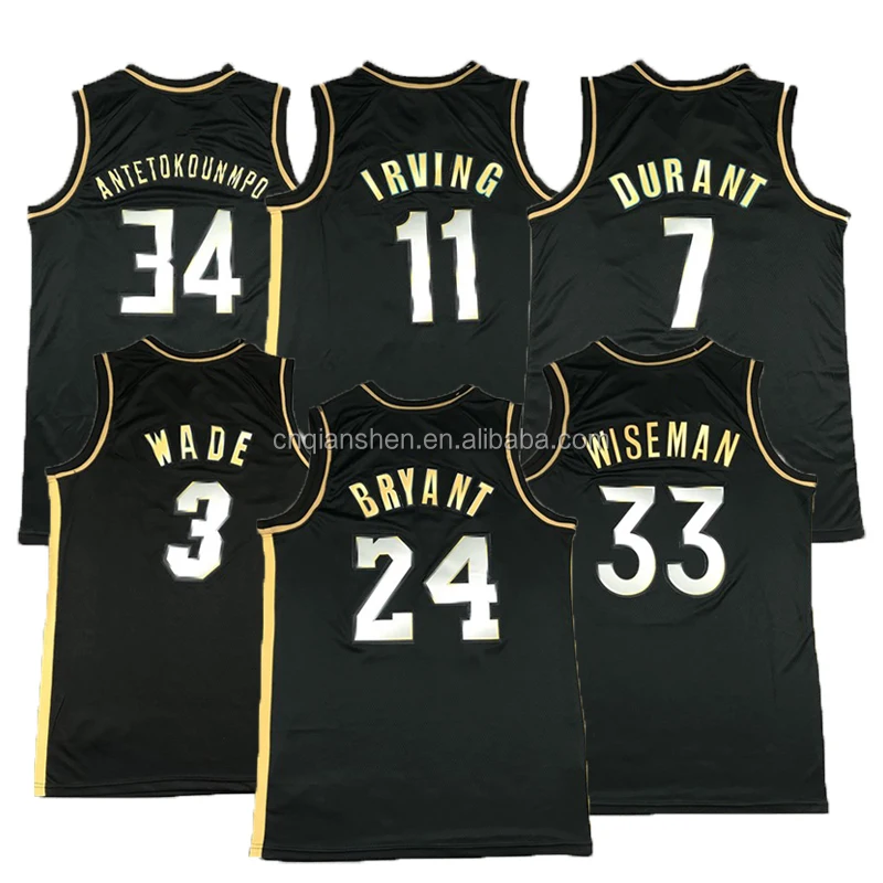 

Kobe Bryant 24 Kyrie Irving 11 Kevin Durant 7 Giannis Antetokounmpo 34 New Design Black Gold Basketball Wear Uniform Jersey