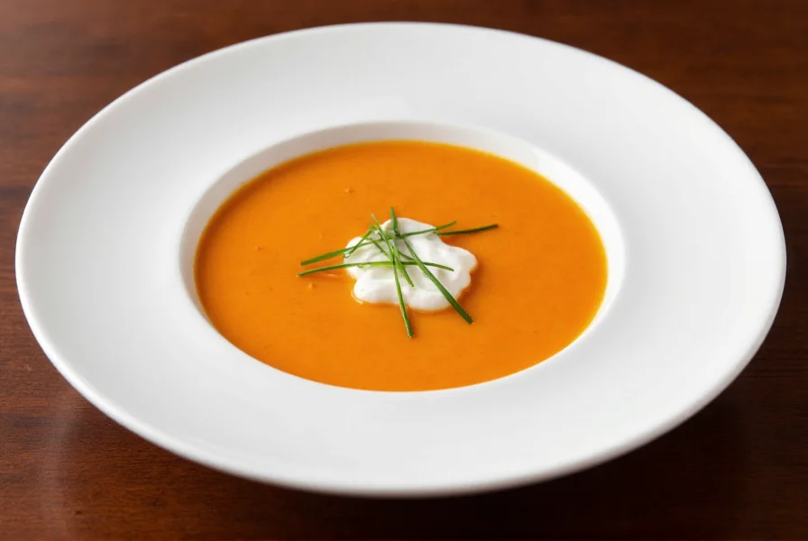 Elegant white bowl of red pepper bisque garnished with crème fraîche and fresh chives on wooden table