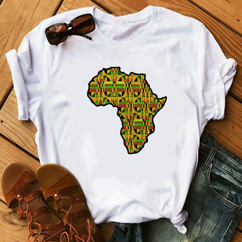 

Africa Map Pattern Printing Ladies T-shirt Casual Short-sleeved Shirt Bottoming Shirt Spring and Summer Women T shirts, 7 colors