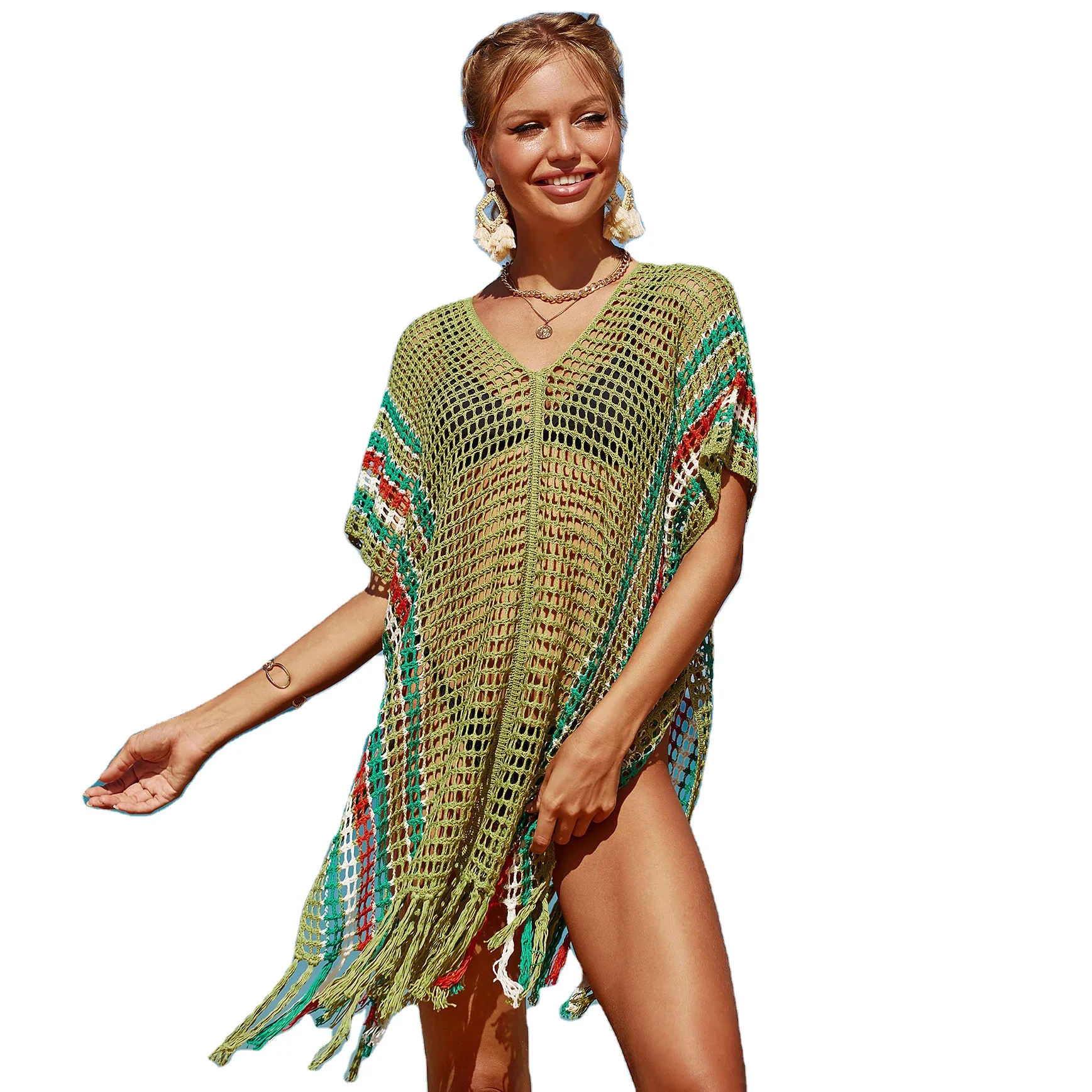 

2022 designer Hollow thread knitted tassel rainbow blouse crochet swimwear bikini see through cover ups beach wear dress