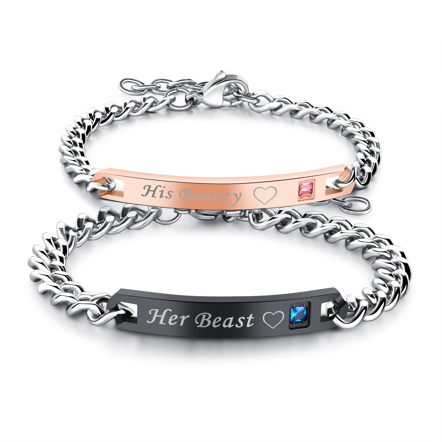 

Trendy His Beauty Her Beast Couple Bracelets for Lovers Stainless Steel Heart Link Chain Jewelry with Cubic Zircon, Black rose gold silver