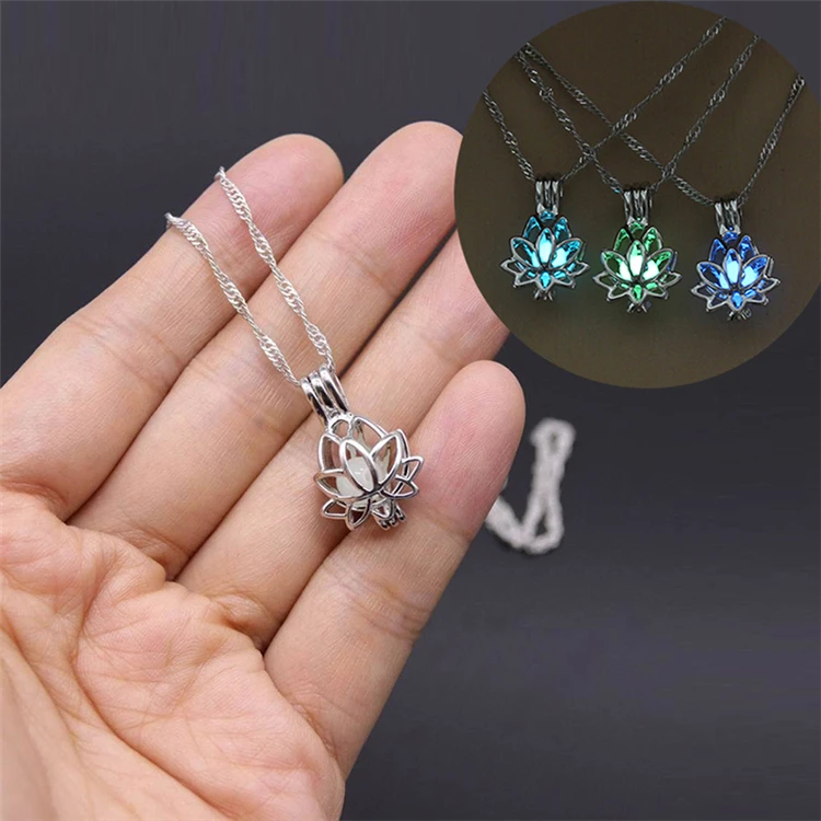

Luminous Glowing In The Dark Moon Lotus Flower Shaped Pendant Necklace For Women Yoga Prayer Buddhism Jewelry, Sky blue/blue green/yellow green