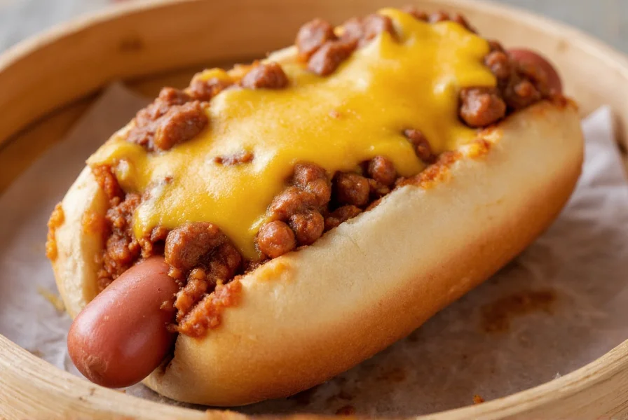 Authentic Detroit-style chili cheese coney on a steamed bun with natural casing hot dog, meat sauce, mustard, and melted brick cheese