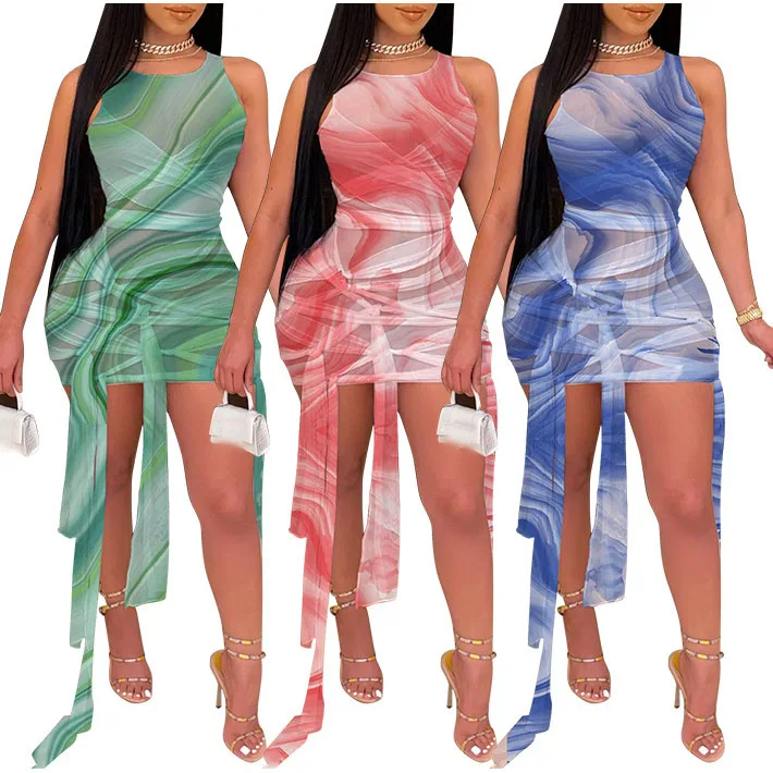 

FS2571D Sexy Bodycon Mesh dress See Through Strap Sleeveless tie dye bandage Dresses