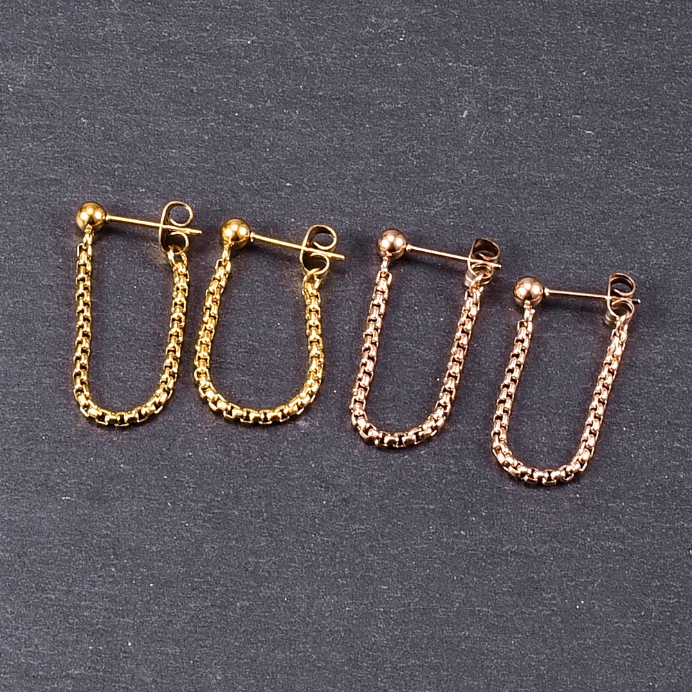 

Best Selling Statement Gold Box Chain Link Drop Back Stud Earring Dainty Stainless Steel Long Chain Drop Stud Earring
