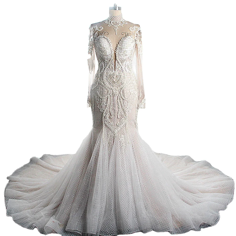 

Luxury Champagne Colored High Neck Sexy Flare Crystal Lace Wedding Dresses Bridal Gown Long Sleeve Beaded Mermaid Wedding Dress, Customer made