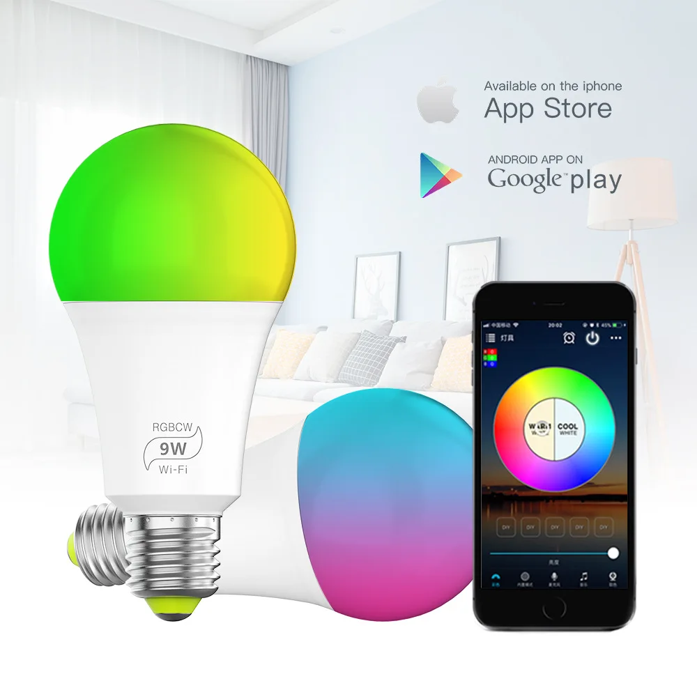 Compatible Alexa & Google Home Assistant LED RGBW Dimmable Color Changing E27  B22 E26 9W 2700K-6500K DIY Smart WiFi Light Bulbs